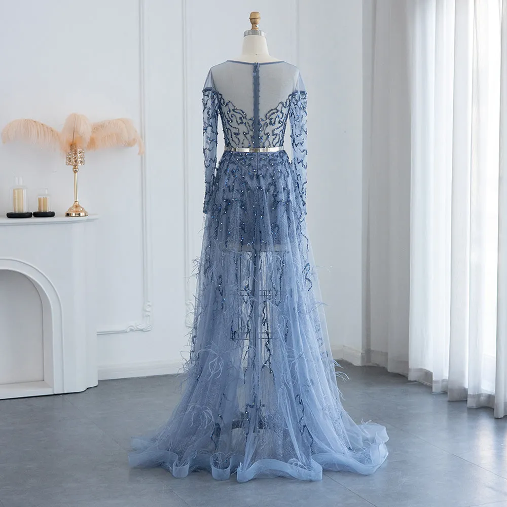Dubai Blue Feathers High Low Evening Dress for Wedding Party SS111