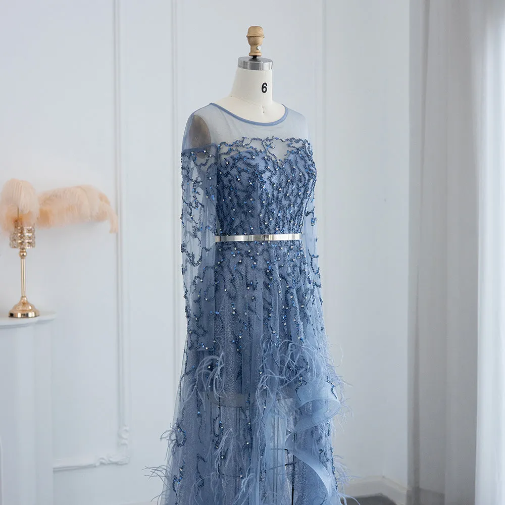 Dubai Blue Feathers High Low Evening Dress for Wedding Party SS111