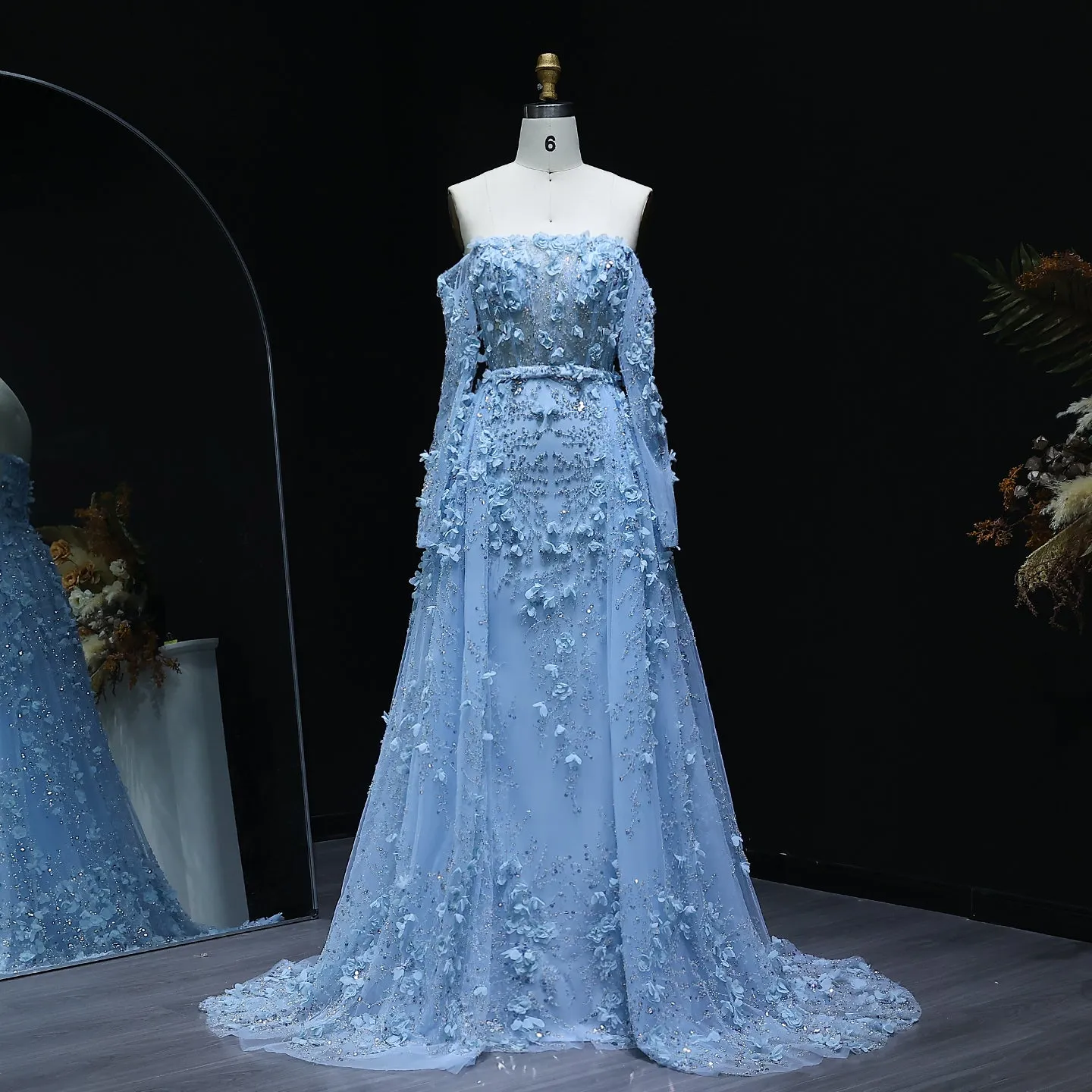 Elegant 3D Flowers Pink Evening Dress with Overskirt SS352