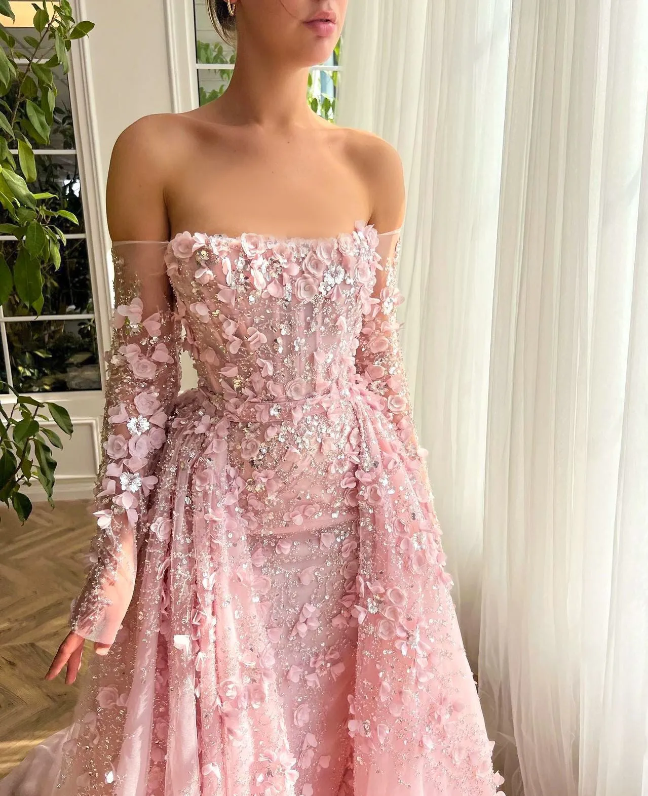 Elegant 3D Flowers Pink Evening Dress with Overskirt SS352