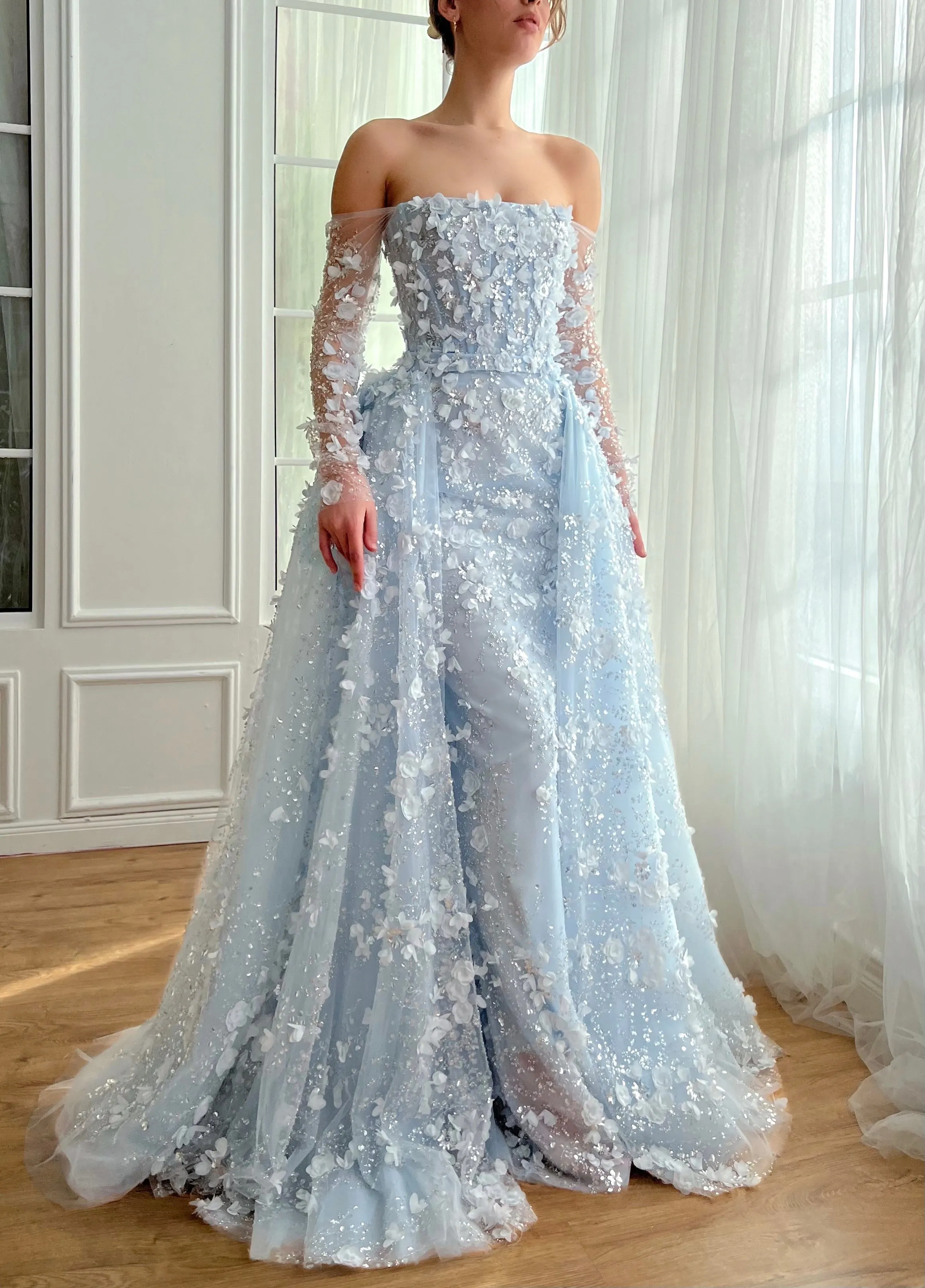 Elegant 3D Flowers Pink Evening Dress with Overskirt SS352