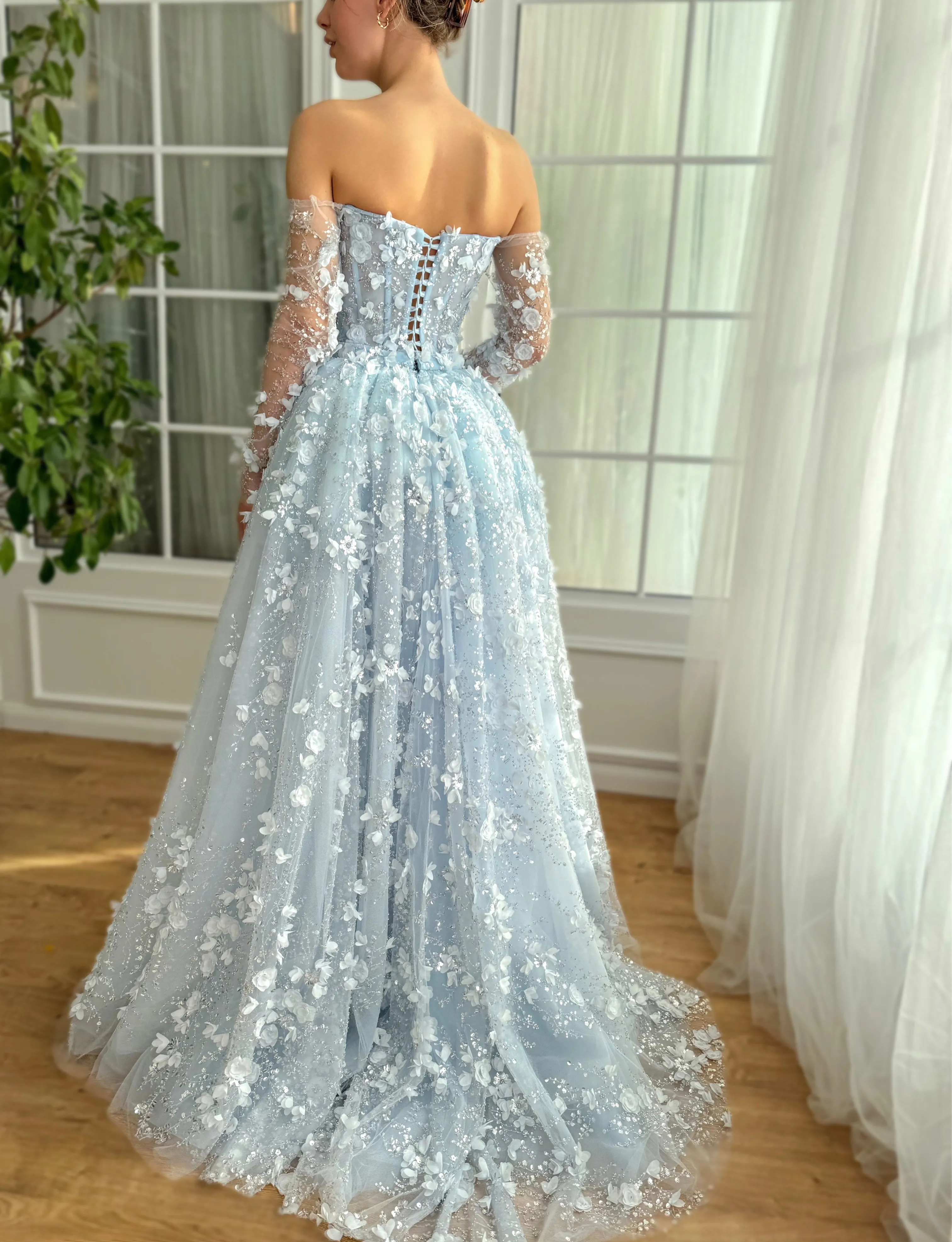 Elegant 3D Flowers Pink Evening Dress with Overskirt SS352