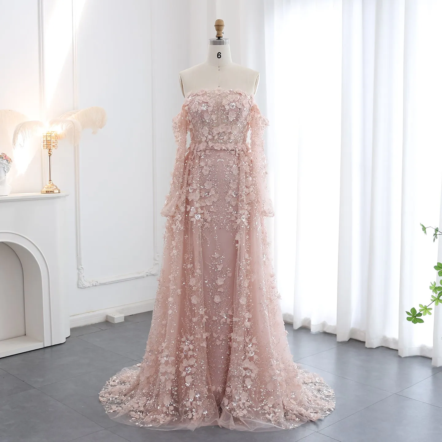 Elegant 3D Flowers Pink Evening Dress with Overskirt SS352