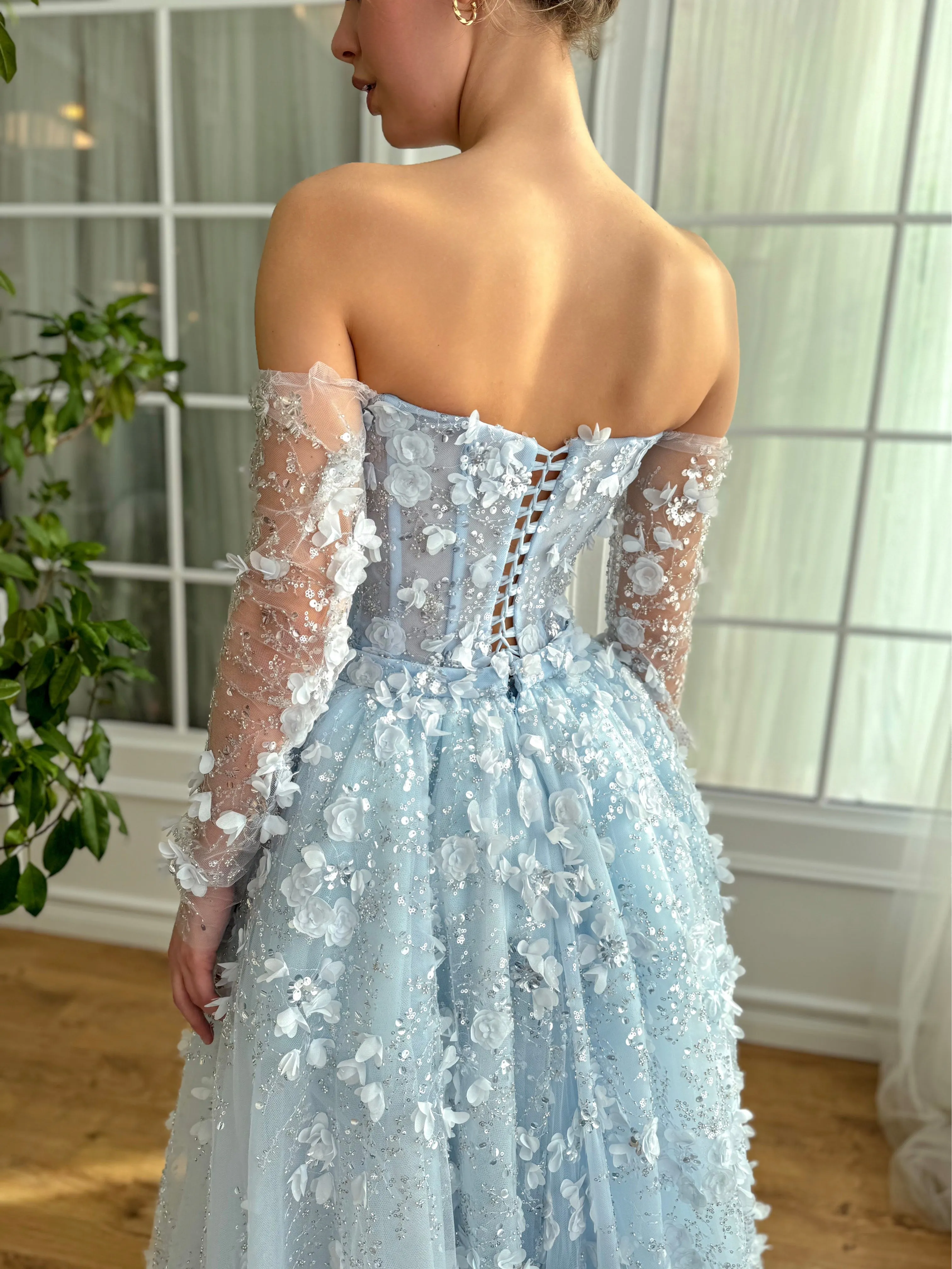 Elegant 3D Flowers Pink Evening Dress with Overskirt SS352