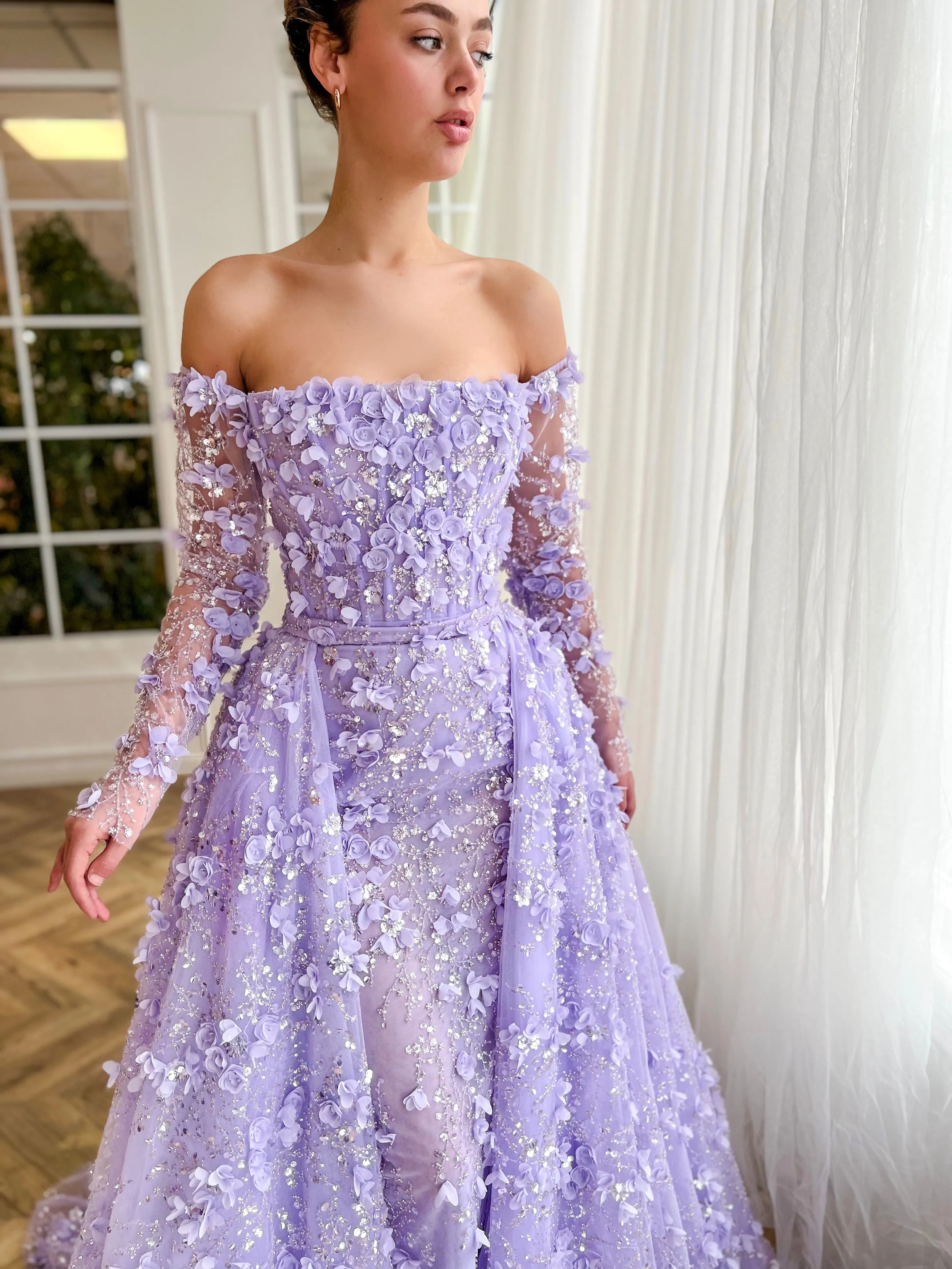 Elegant 3D Flowers Pink Evening Dress with Overskirt SS352