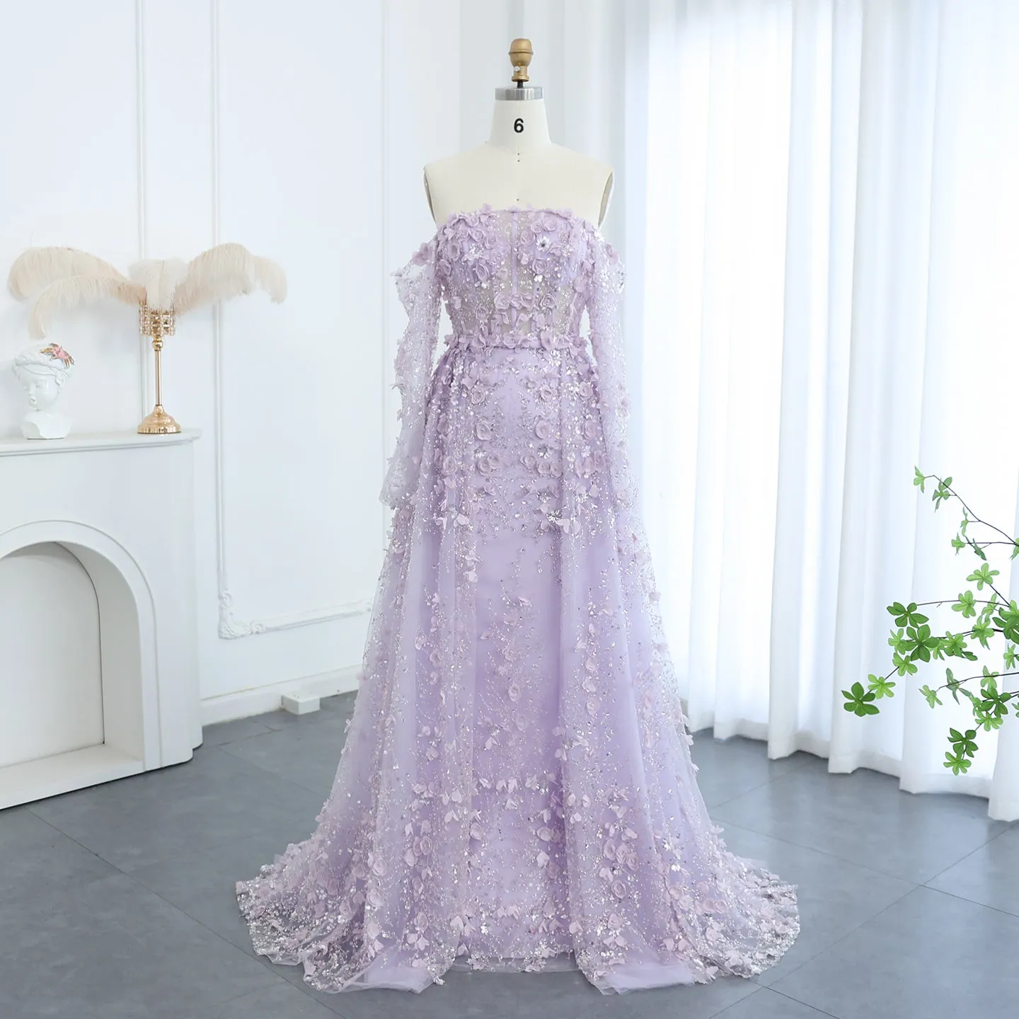 Elegant 3D Flowers Pink Evening Dress with Overskirt SS352