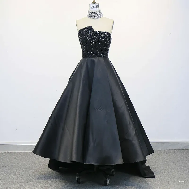 Elegant Black Strapless High-Low Evening Dress SF003