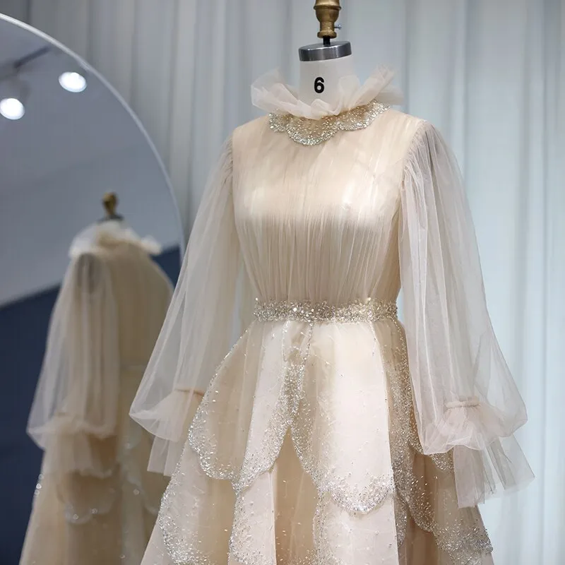 Elegant Champagne Long Sleeve Ruffels Evening Dress SS480