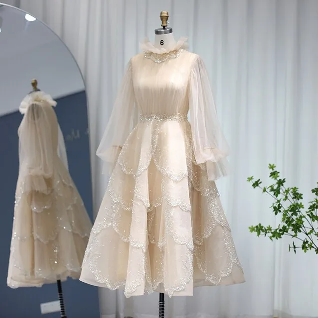 Elegant Champagne Long Sleeve Ruffels Evening Dress SS480