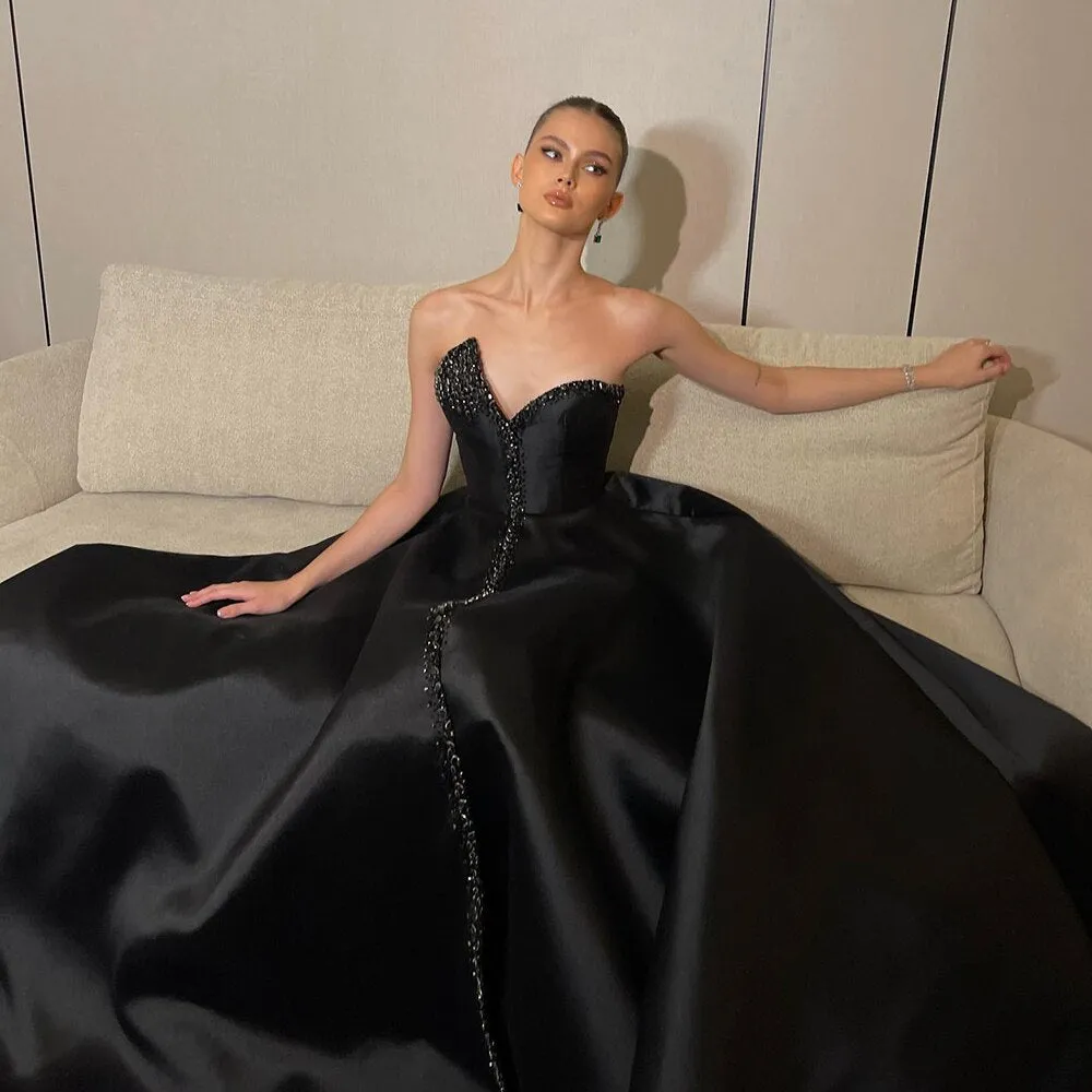 Elegant Crystal Black Strapless Evening Dresses Side Slit SS364
