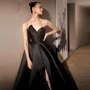 Elegant Crystal Black Strapless Evening Dresses Side Slit SS364