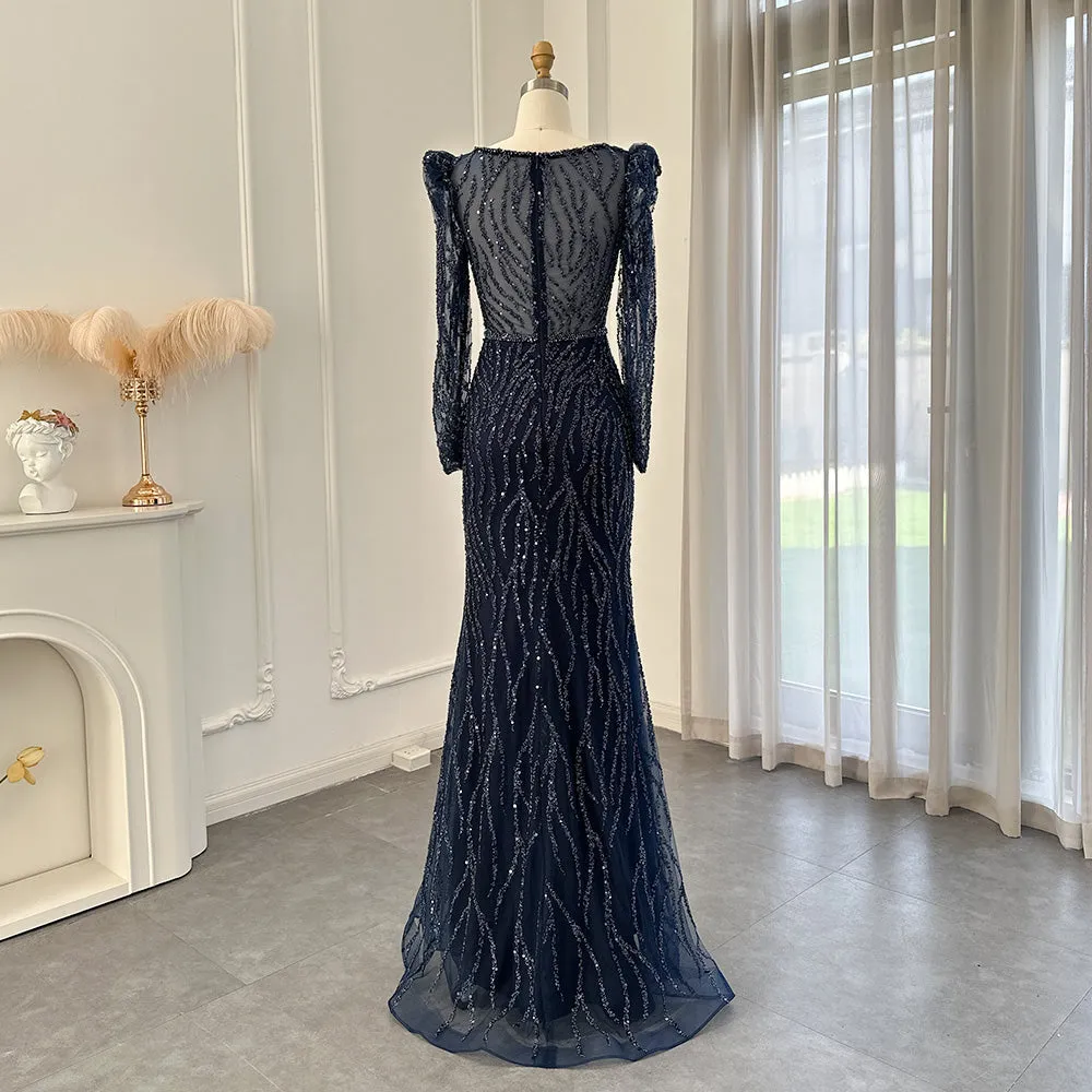 Elegant Long Sleeve Navy Blue Evening Dress SS099