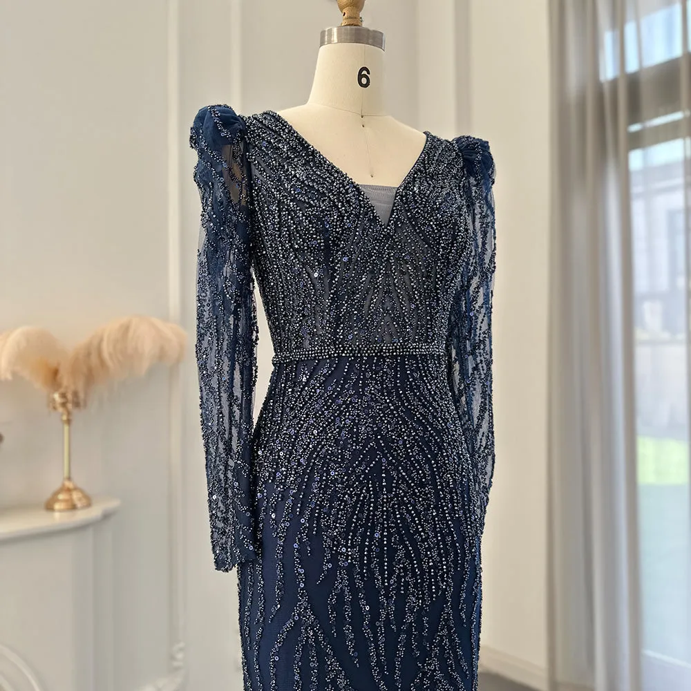 Elegant Long Sleeve Navy Blue Evening Dress SS099