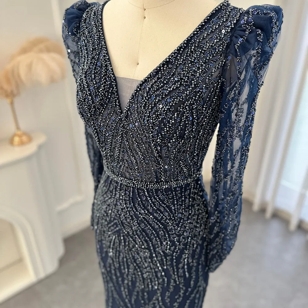 Elegant Long Sleeve Navy Blue Evening Dress SS099