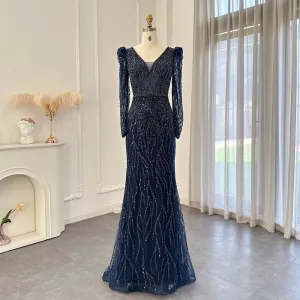 Elegant Long Sleeve Navy Blue Evening Dress SS099