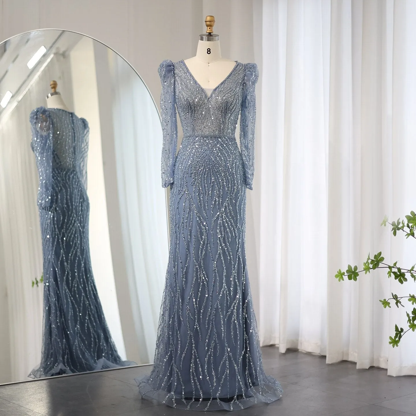 Elegant Long Sleeve Navy Blue Evening Dress SS099