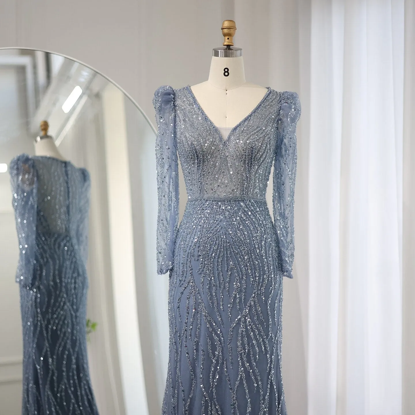 Elegant Long Sleeve Navy Blue Evening Dress SS099