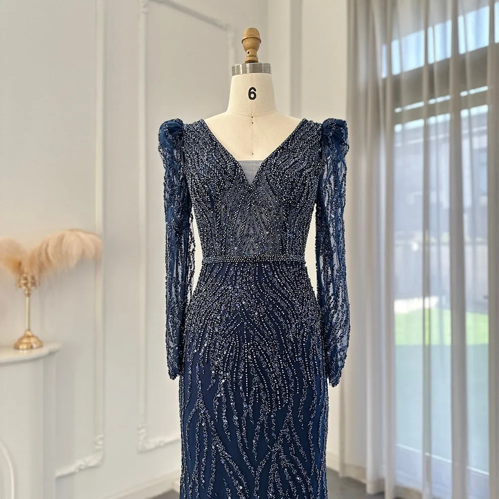 Elegant Long Sleeve Navy Blue Evening Dress SS099