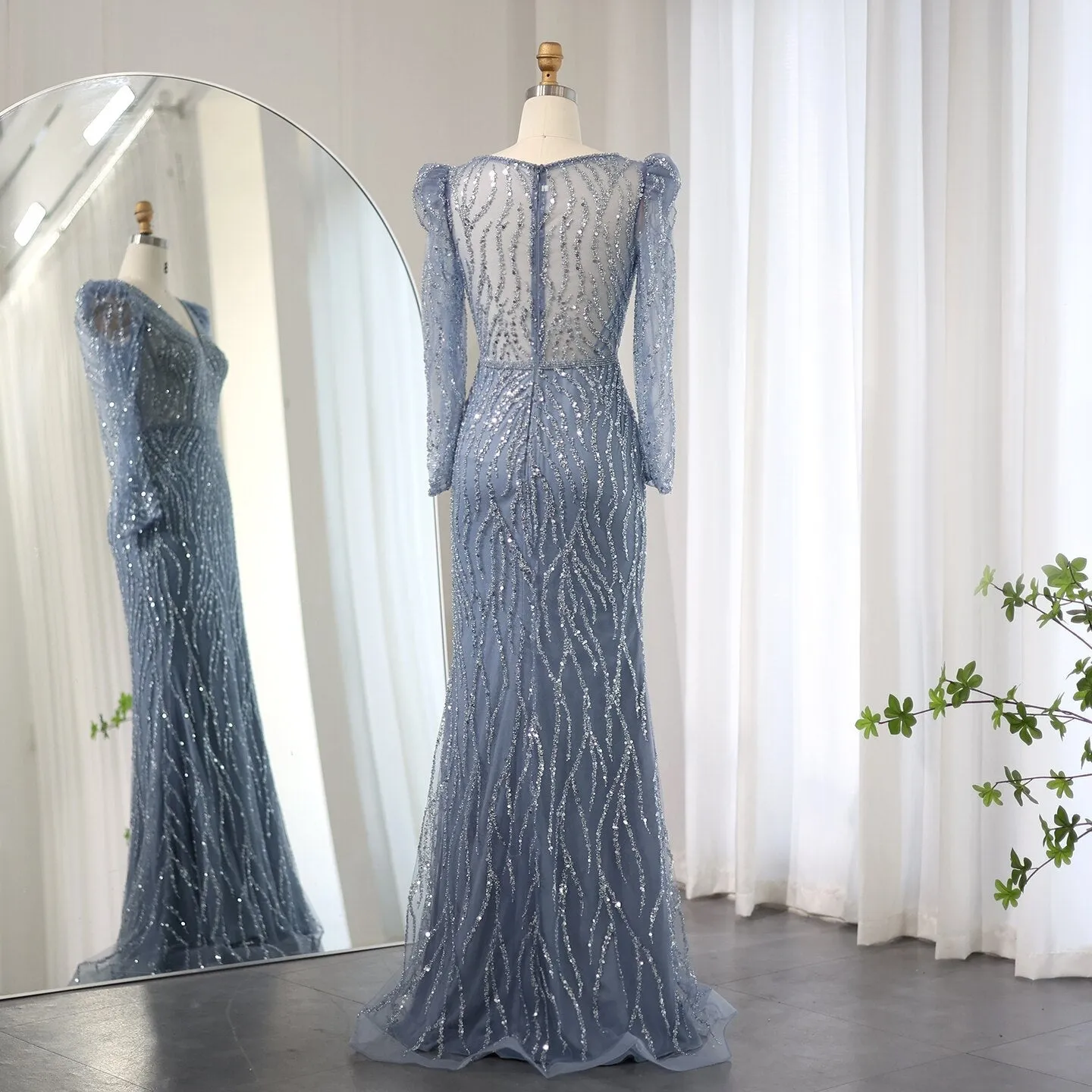 Elegant Long Sleeve Navy Blue Evening Dress SS099