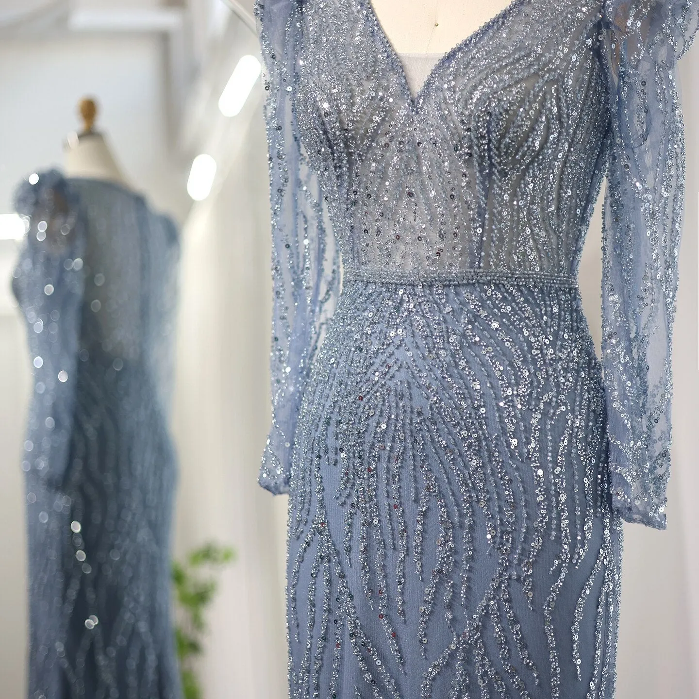 Elegant Long Sleeve Navy Blue Evening Dress SS099