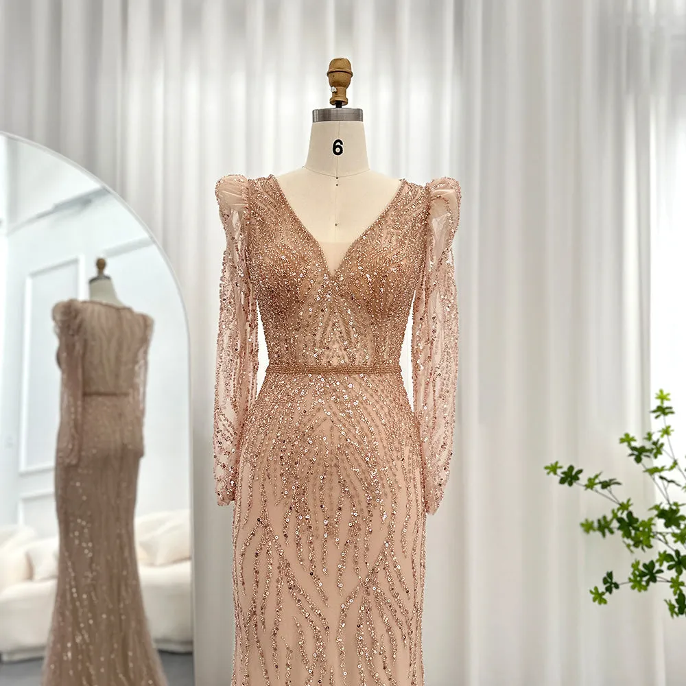 Elegant Long Sleeve Navy Blue Evening Dress SS099