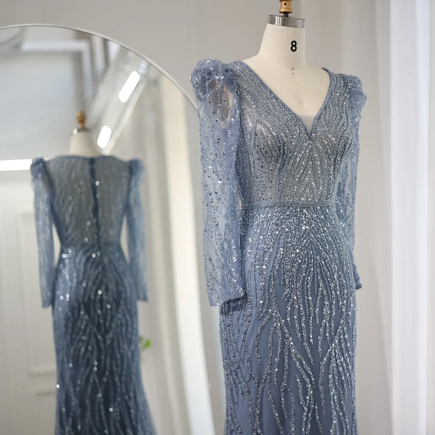 Elegant Long Sleeve Navy Blue Evening Dress SS099