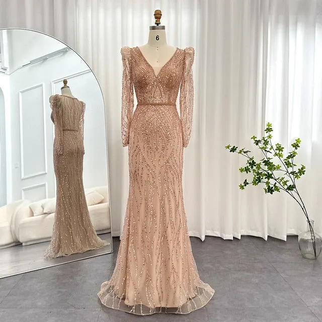 Elegant Long Sleeve Navy Blue Evening Dress SS099