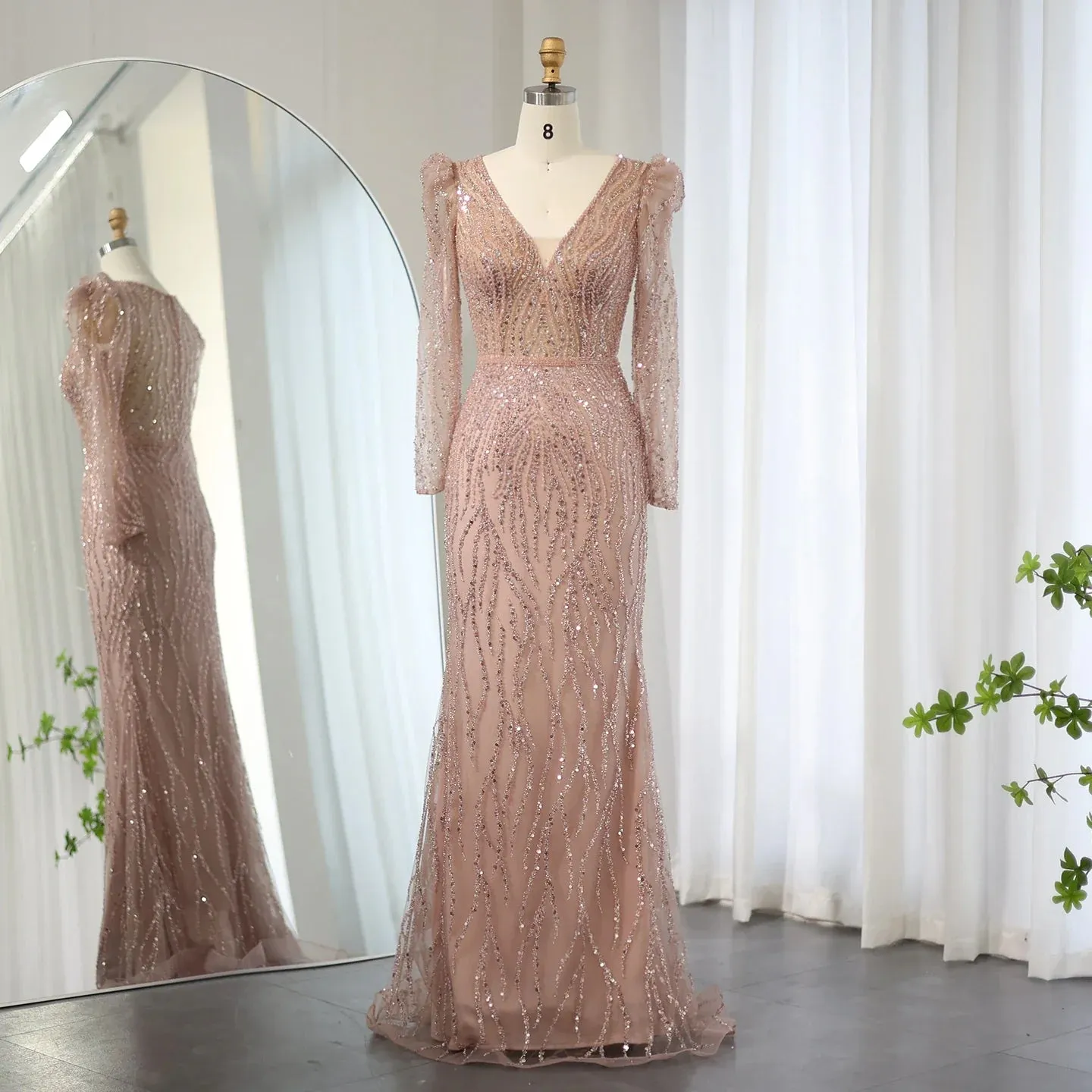 Elegant Long Sleeve Navy Blue Evening Dress SS099
