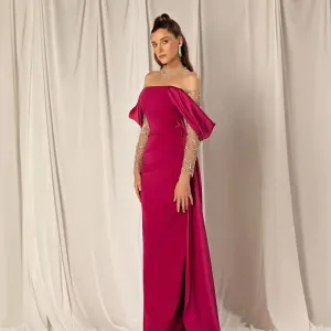 Elegant Off Shoulder Fuchsia Evening Dress with Sleeves SS332