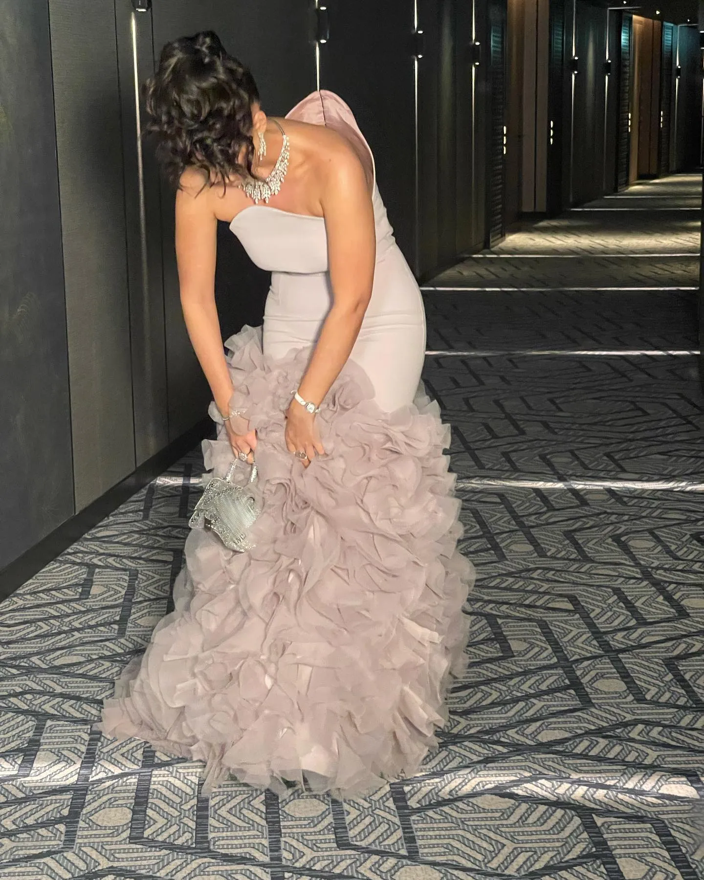 Elegant Pink Strapless Ruffles Evening Dress SF107