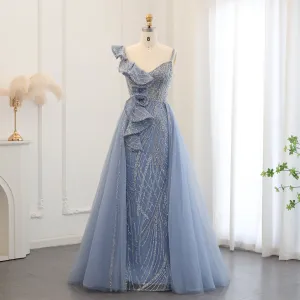 Elegant Spaghetti Blue Mermaid Evening Dress with Overskirt SS095