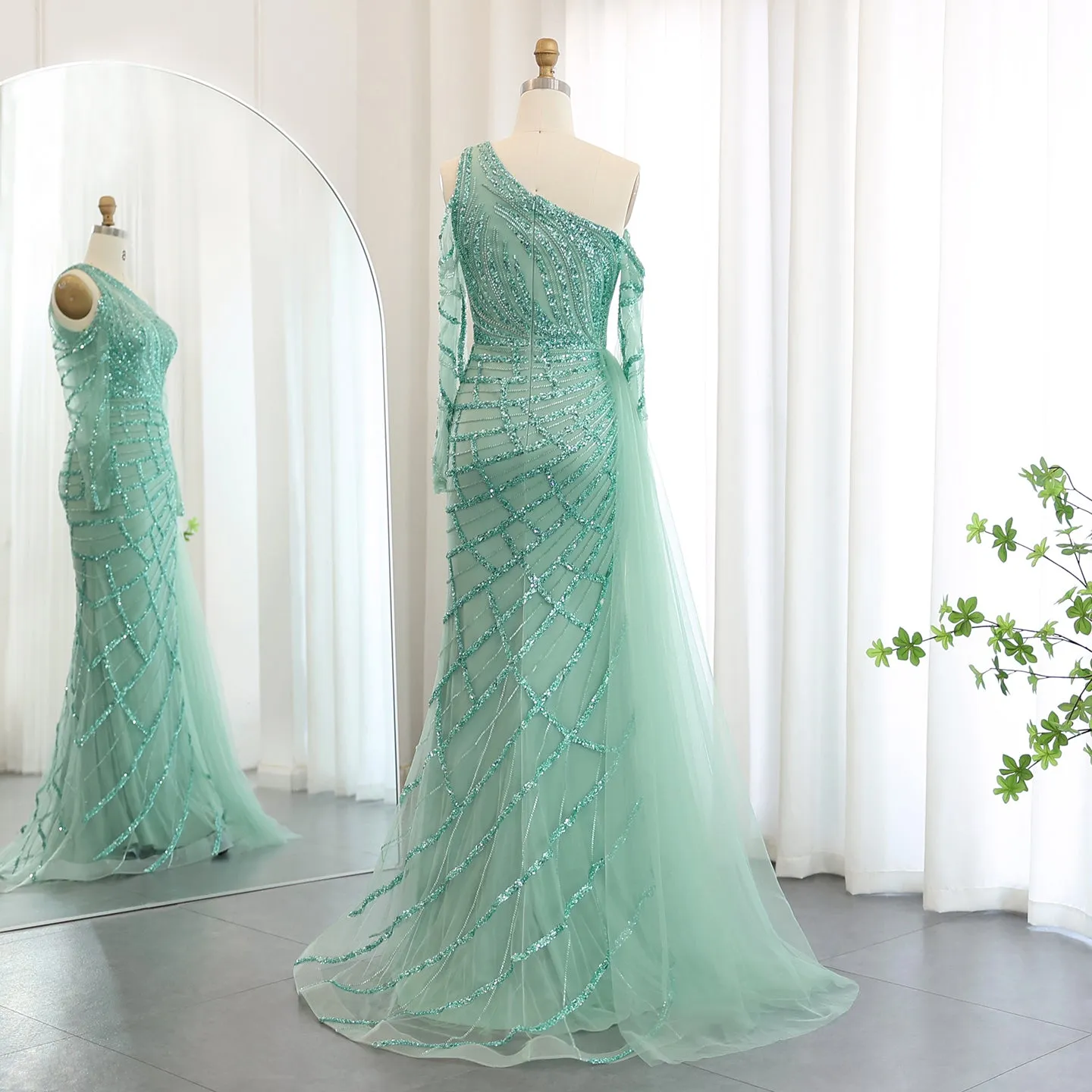 Emerald Green One Shoulder Evening Dress with Overskirt SS413