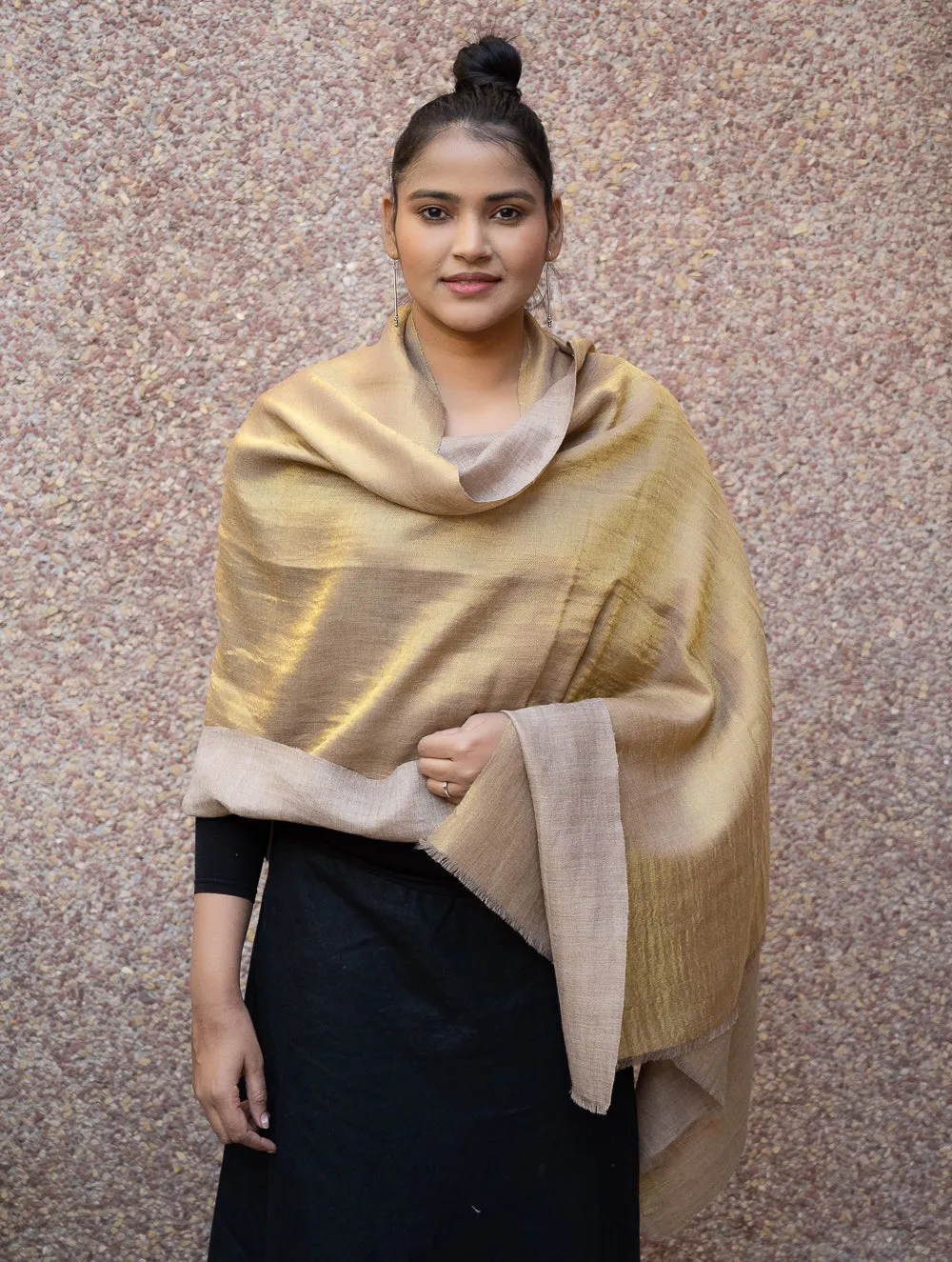 Exclusive Pure Pashmina Wool & Zari Reversible Kashmiri Stole - Beige & Dull Gold