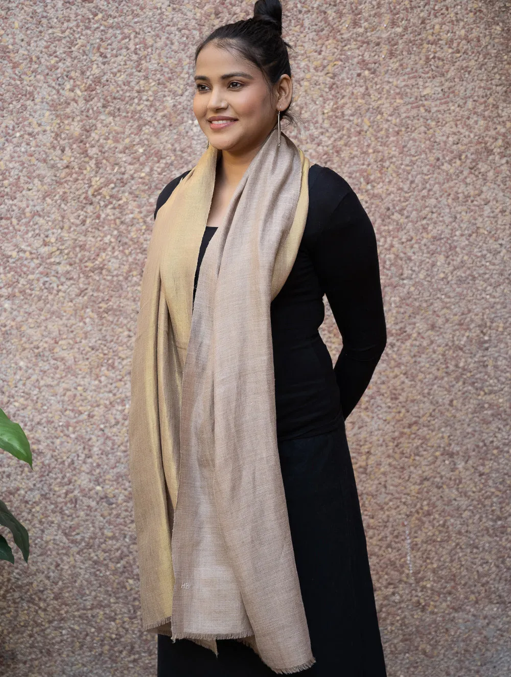 Exclusive Pure Pashmina Wool & Zari Reversible Kashmiri Stole - Beige & Dull Gold