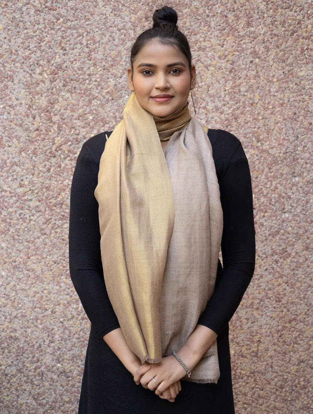 Exclusive Pure Pashmina Wool & Zari Reversible Kashmiri Stole - Beige & Dull Gold