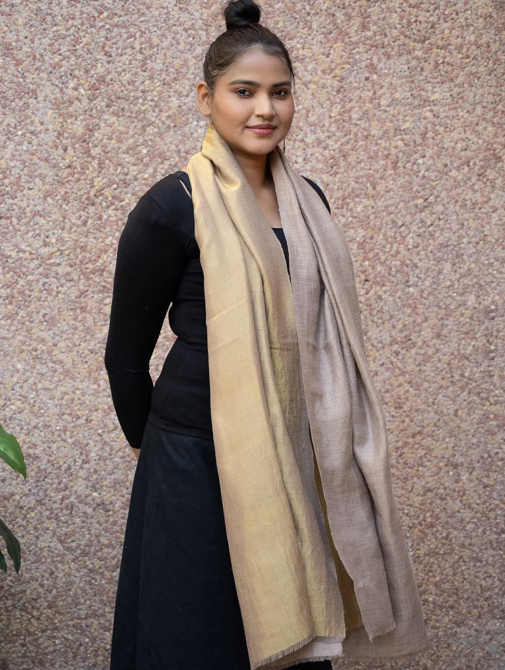 Exclusive Pure Pashmina Wool & Zari Reversible Kashmiri Stole - Beige & Dull Gold