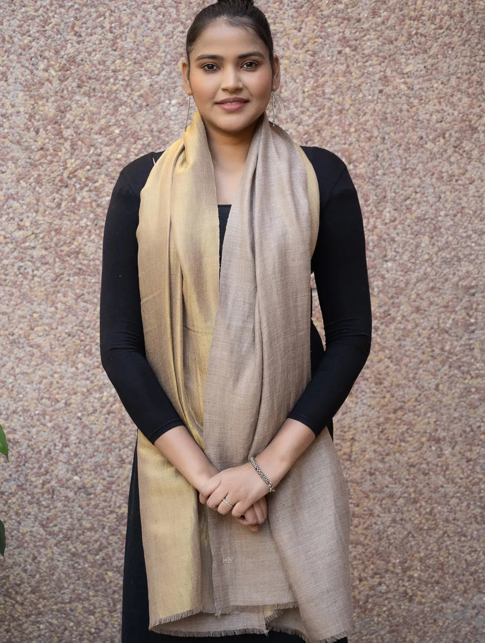 Exclusive Pure Pashmina Wool & Zari Reversible Kashmiri Stole - Beige & Dull Gold