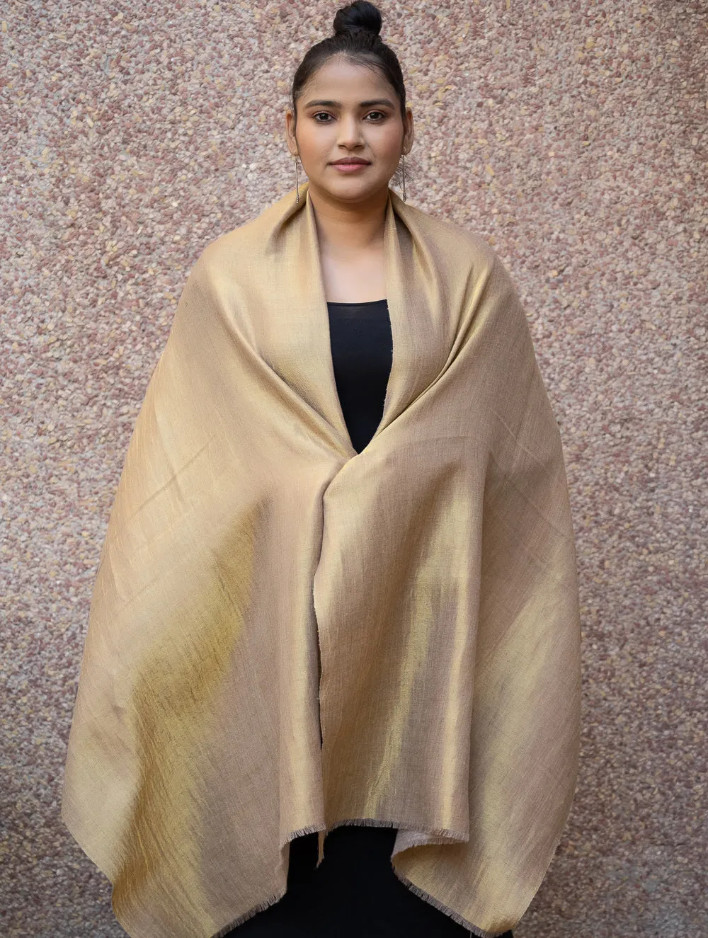 Exclusive Pure Pashmina Wool & Zari Reversible Kashmiri Stole - Beige & Dull Gold