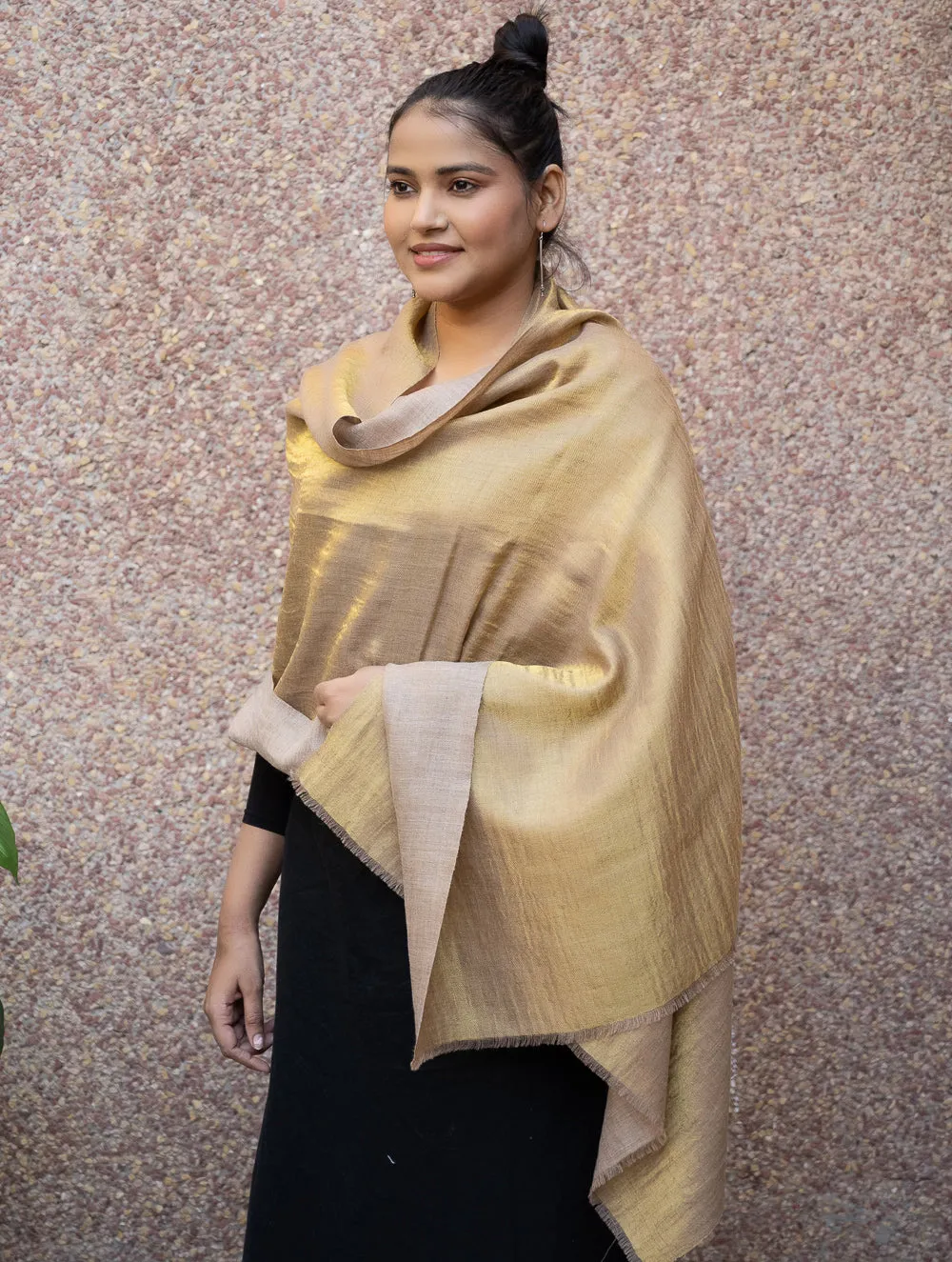 Exclusive Pure Pashmina Wool & Zari Reversible Kashmiri Stole - Beige & Dull Gold