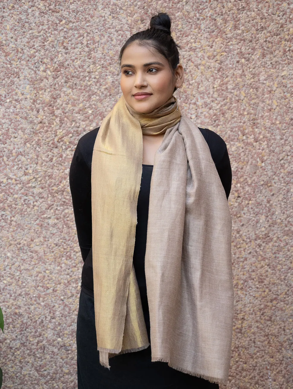 Exclusive Pure Pashmina Wool & Zari Reversible Kashmiri Stole - Beige & Dull Gold