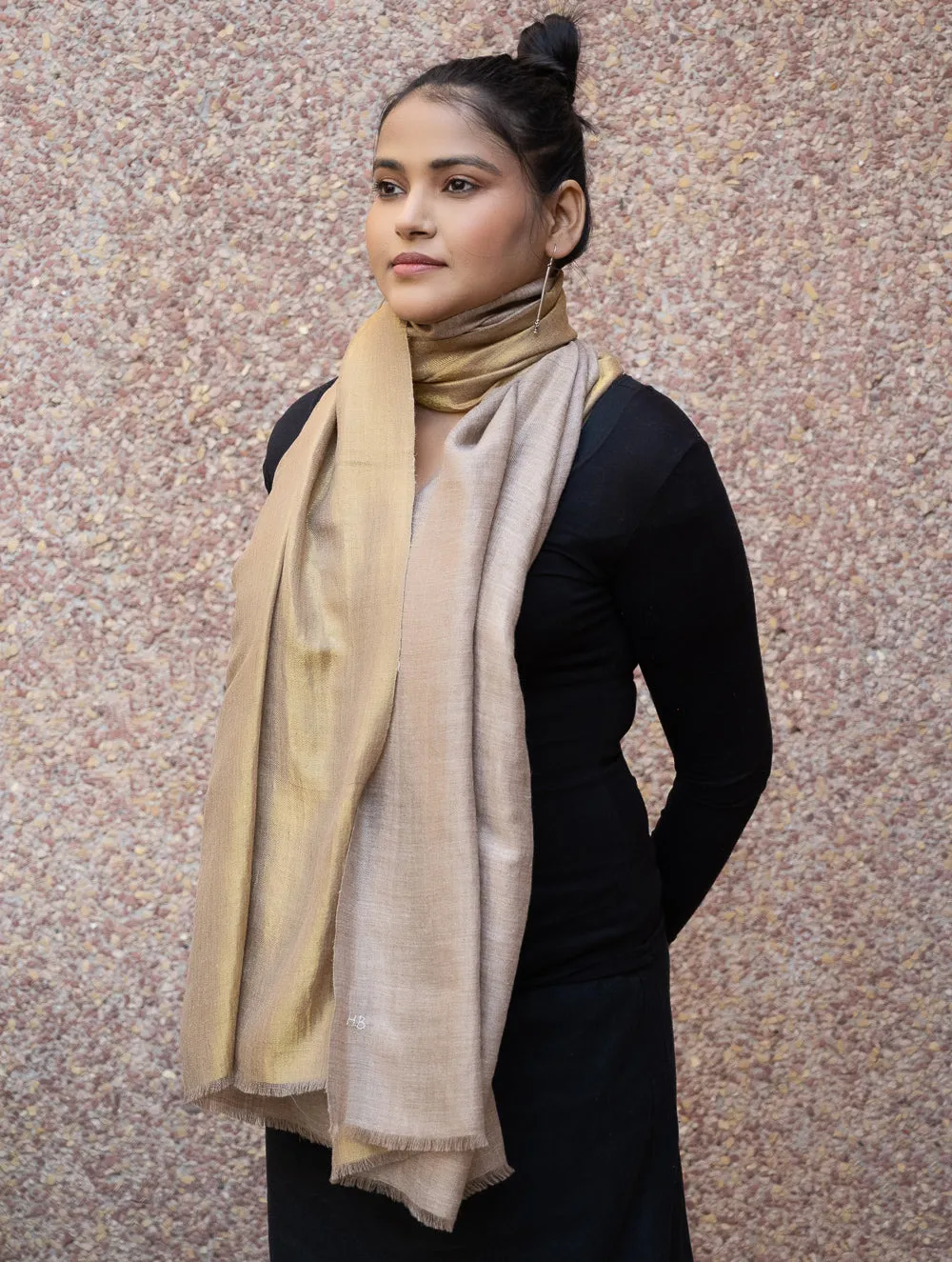 Exclusive Pure Pashmina Wool & Zari Reversible Kashmiri Stole - Beige & Dull Gold