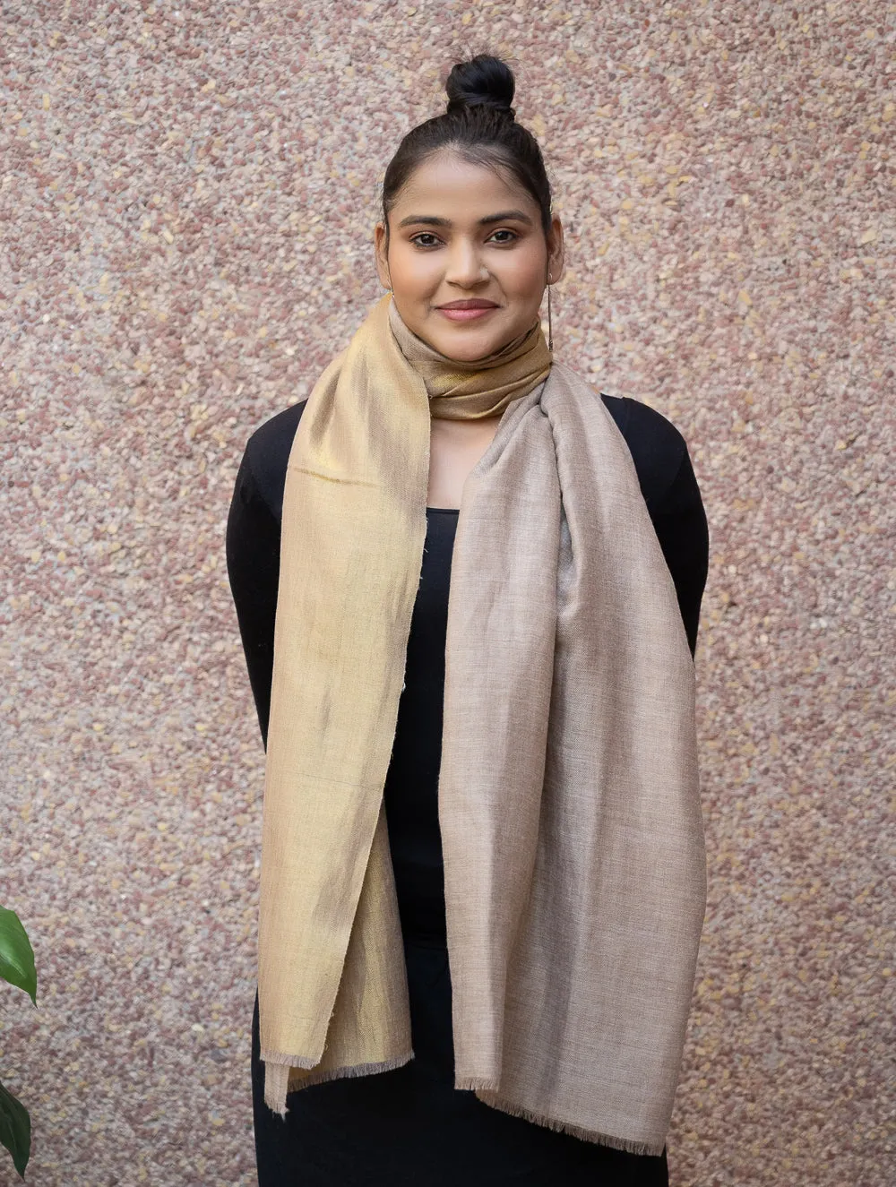 Exclusive Pure Pashmina Wool & Zari Reversible Kashmiri Stole - Beige & Dull Gold