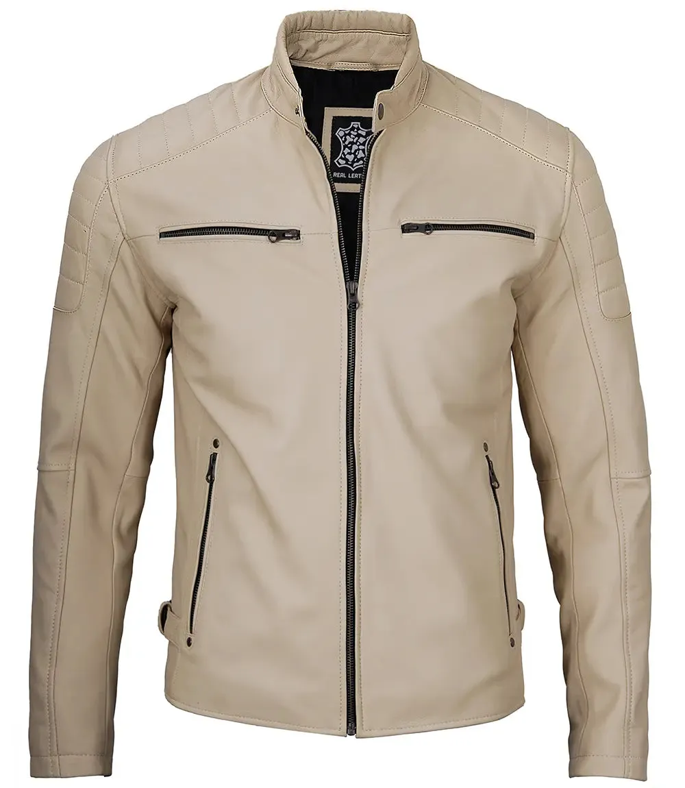 Felix Beige Cafe Racer Leather Jacket