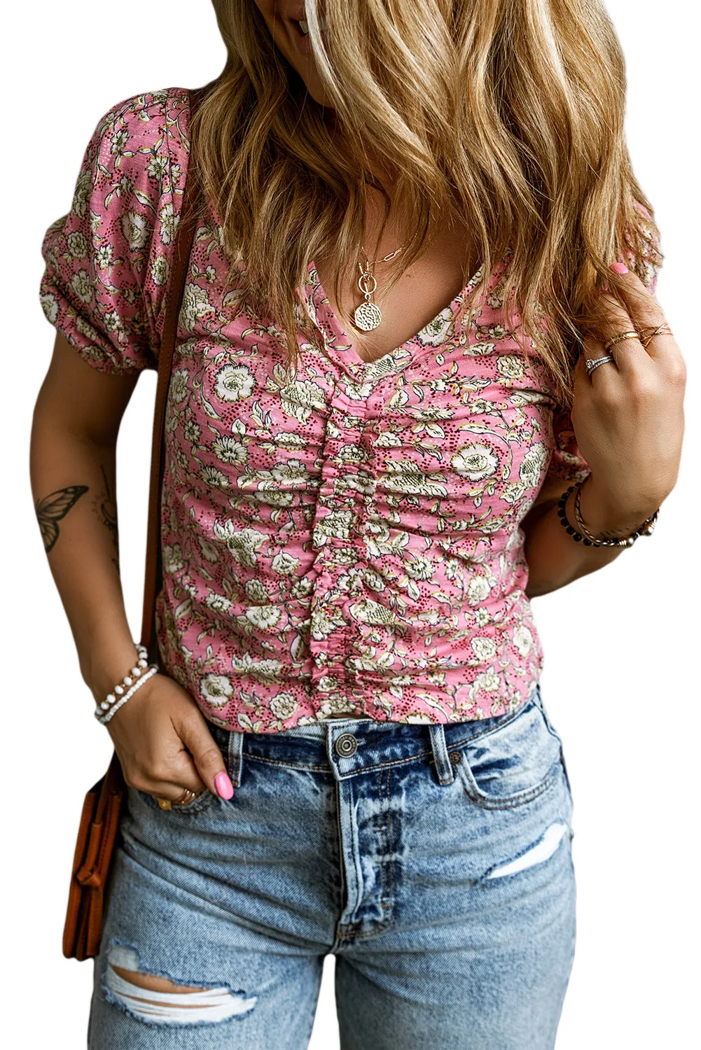 Floral Short V Neck Ruched Blouse