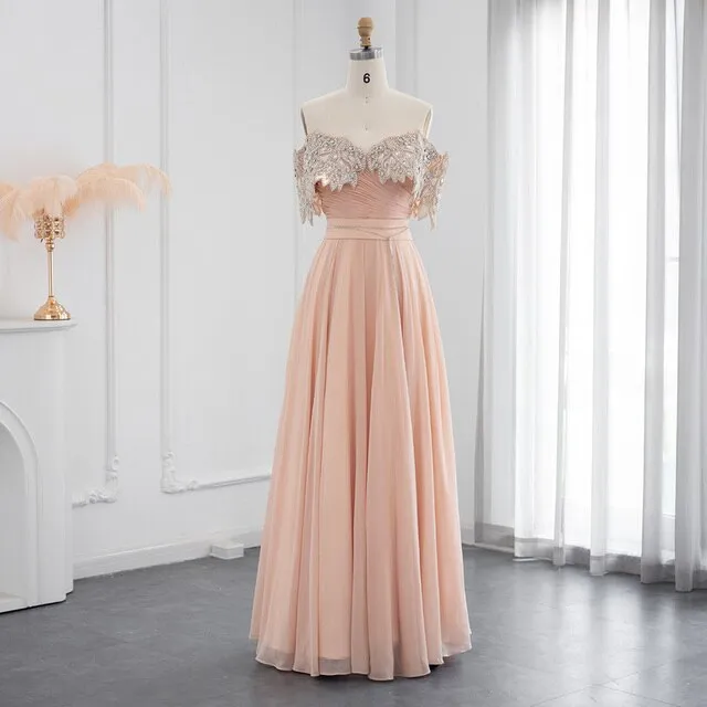 For Sale Crystal Champagne Off Shoulder Evening Dress SS302