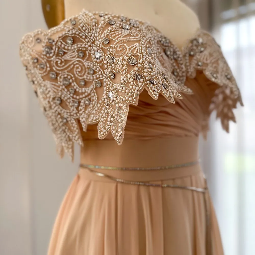 For Sale Crystal Champagne Off Shoulder Evening Dress SS302