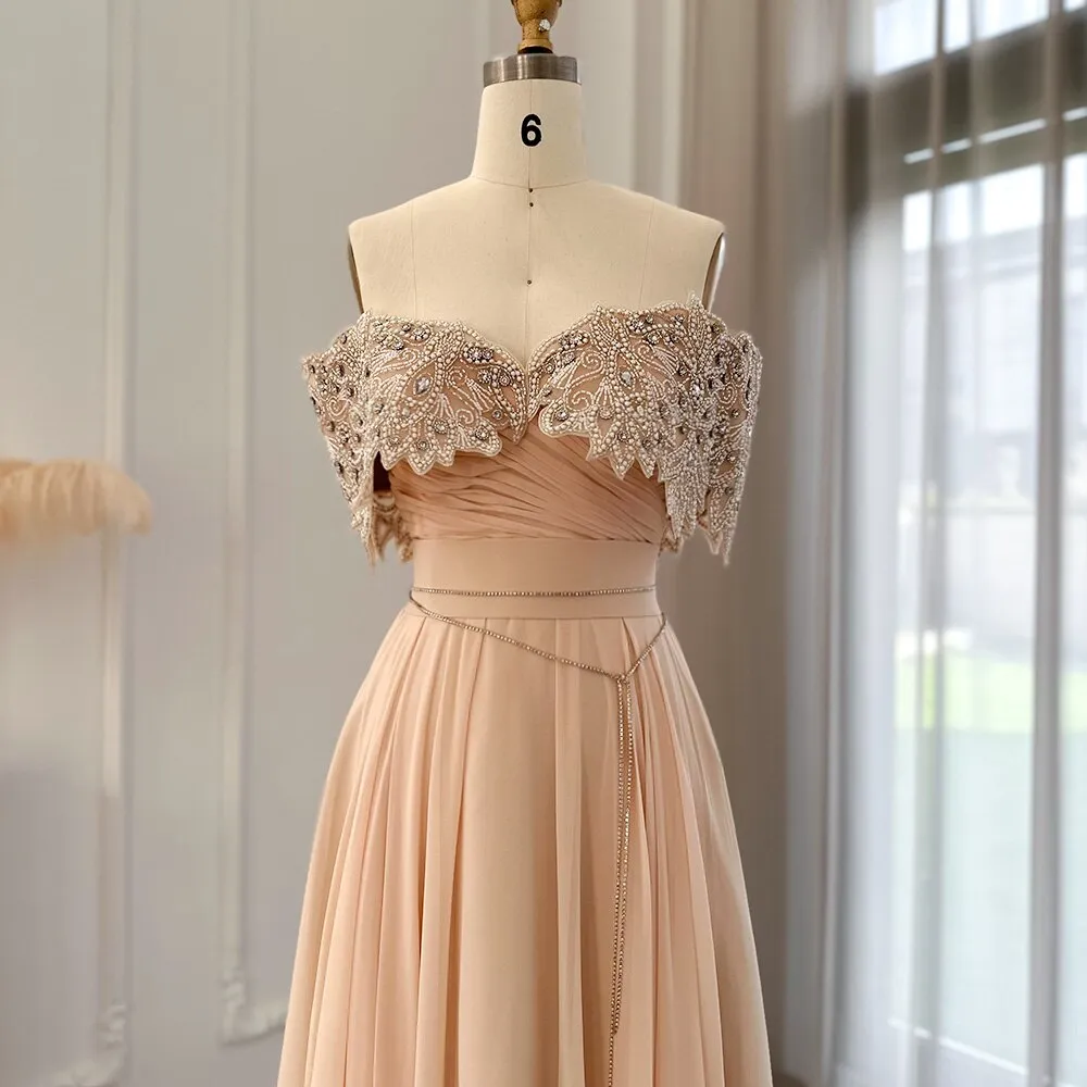 For Sale Crystal Champagne Off Shoulder Evening Dress SS302