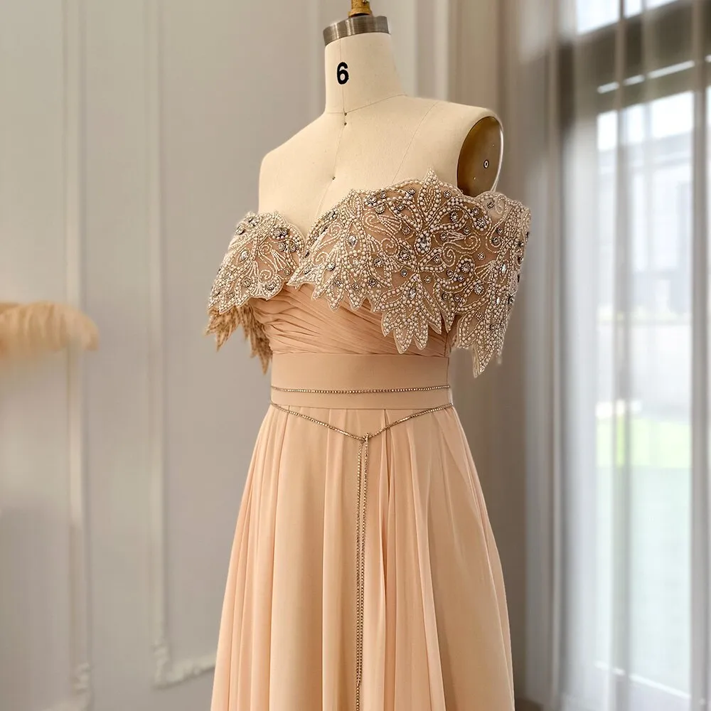 For Sale Crystal Champagne Off Shoulder Evening Dress SS302