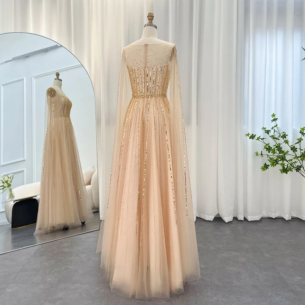 For Sale Elegant Gold Evening Dress with Cape Sleeves SS217