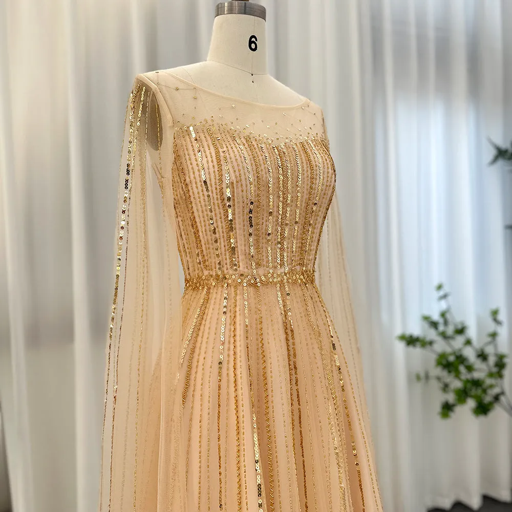 For Sale Elegant Gold Evening Dress with Cape Sleeves SS217